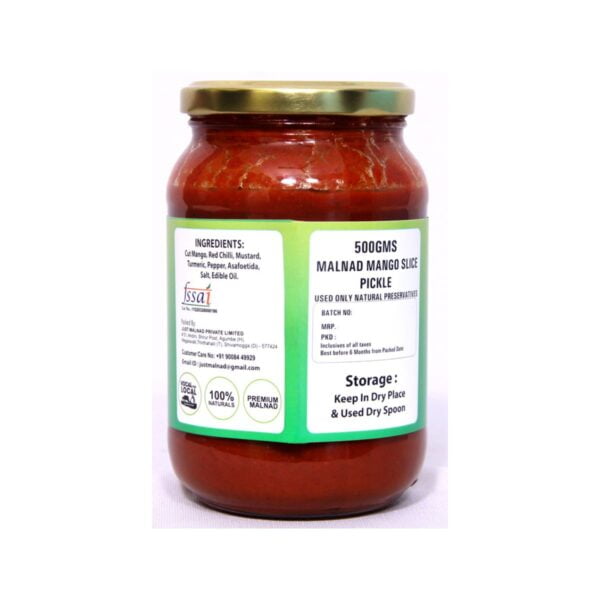 Malnad Mango Slice Pickle | Tender Mango Slice Pickle | Product from Just Malnad | 100% Pure & Natural | Glass Jar | 500gm - Image 2