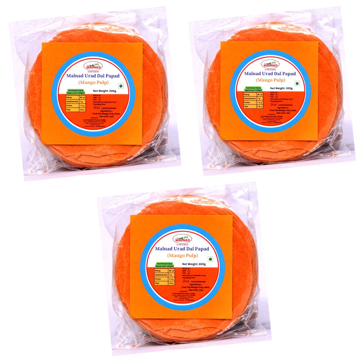 MALNAD URAD-DAL PAPAD WITH MANGO PULP | FROM JUST MALNAD | 100% PURE & NATURAL | PACK OF 3