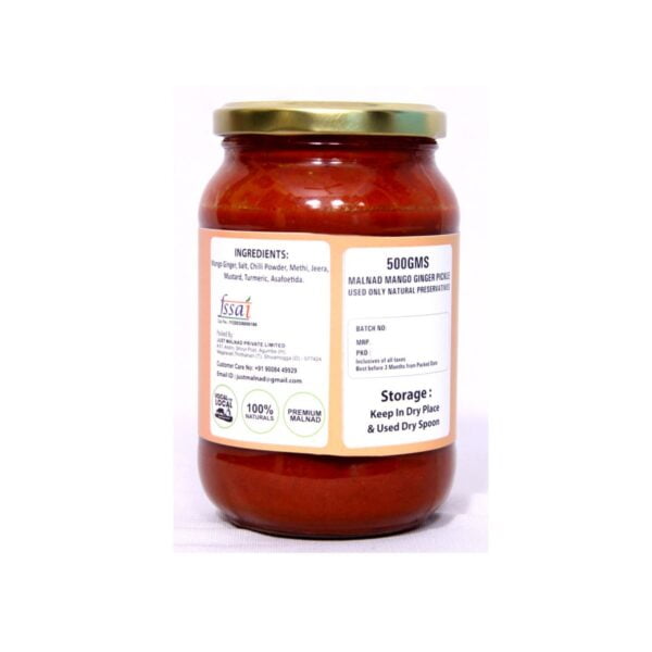 Malnad Mango Ginger Pickle | Tender Mango Ginger Pickle | Product from Just Malnad | 100% Pure & Natural | Glass Jar | 500gm - Image 2